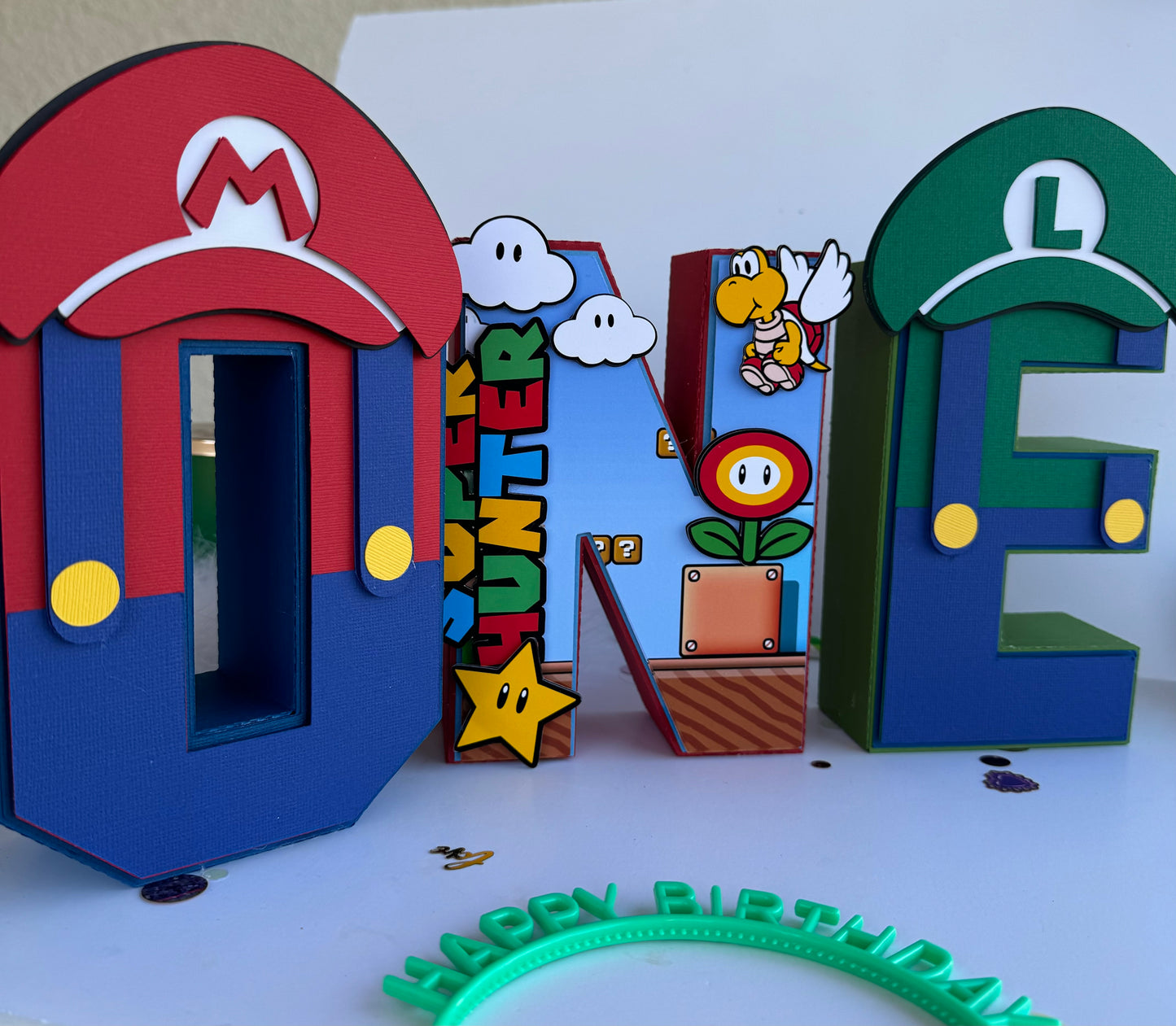 Super Mario 3D letters for centerpiece decor.