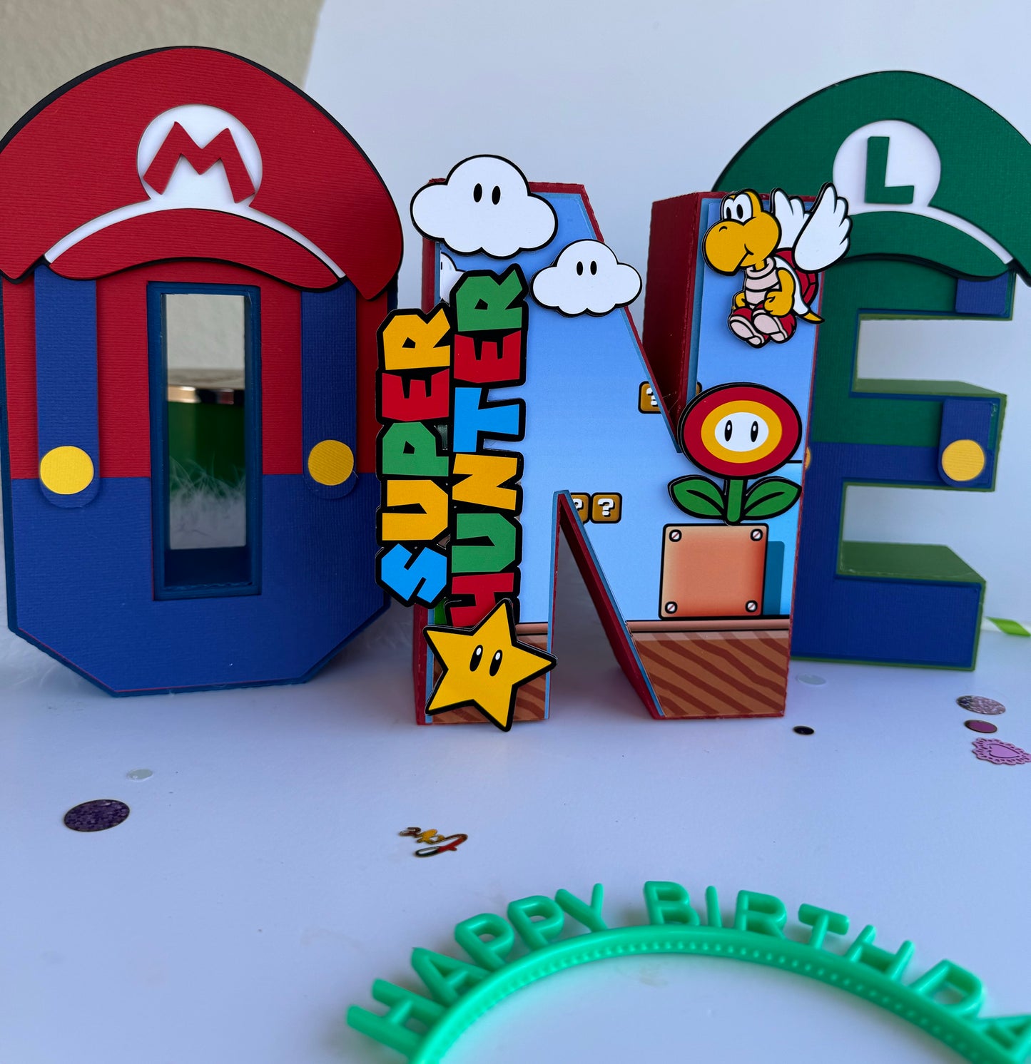 Super Mario 3D letters for centerpiece decor.