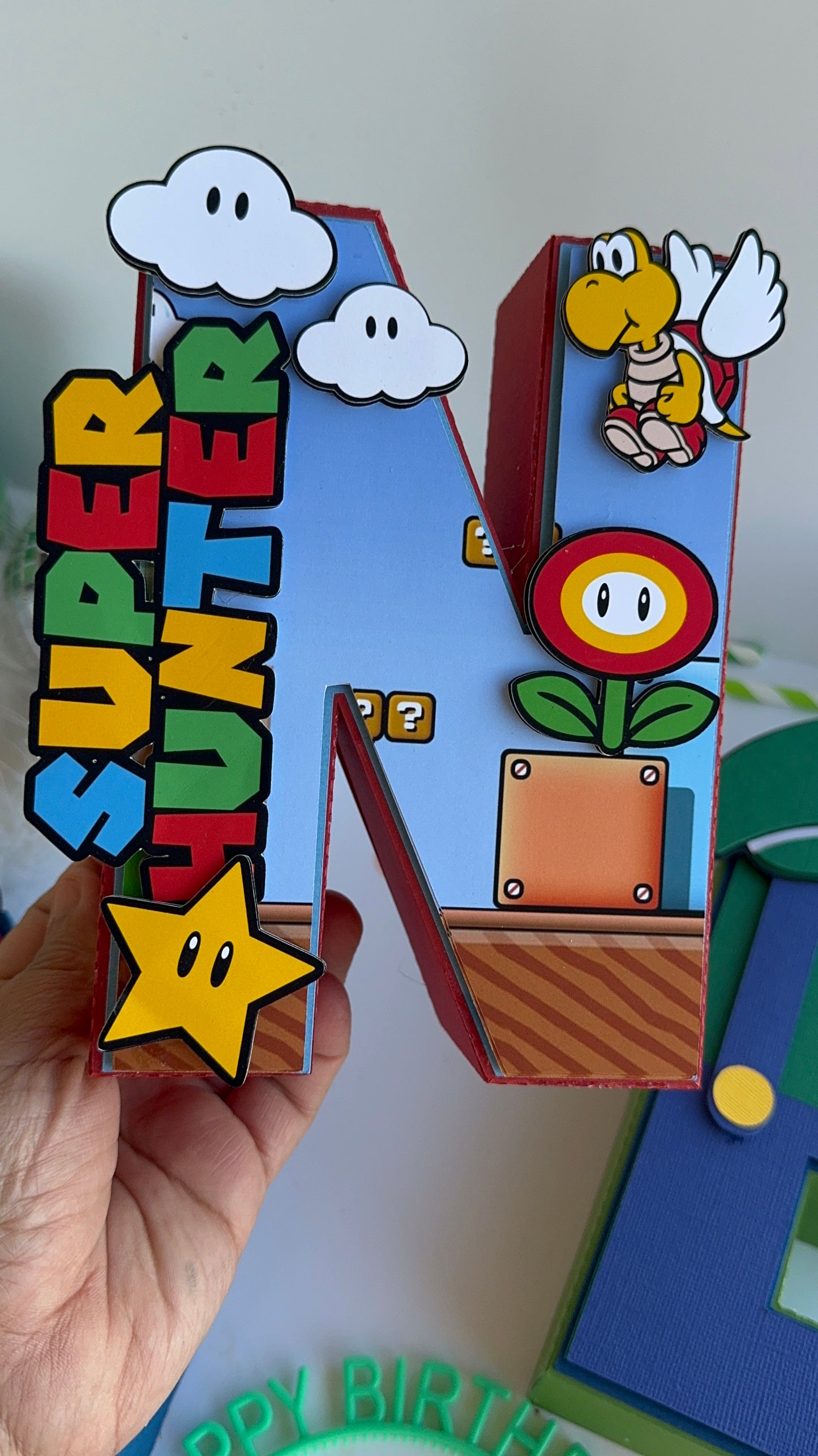 Super Mario 3D letters for centerpiece decor.