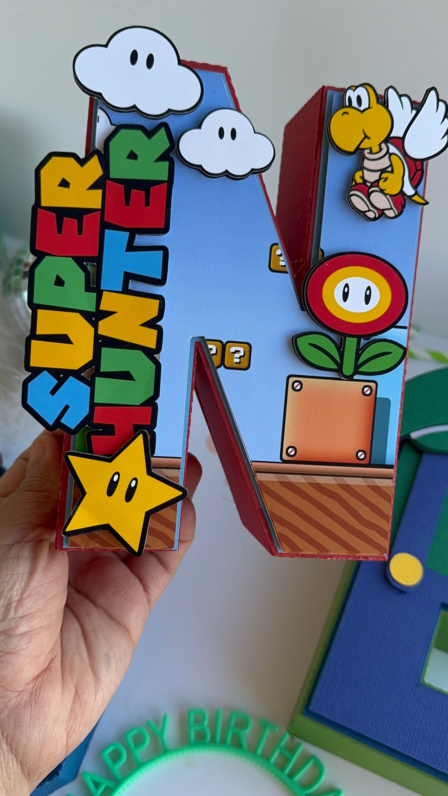 Super Mario 3D letters for centerpiece decor.