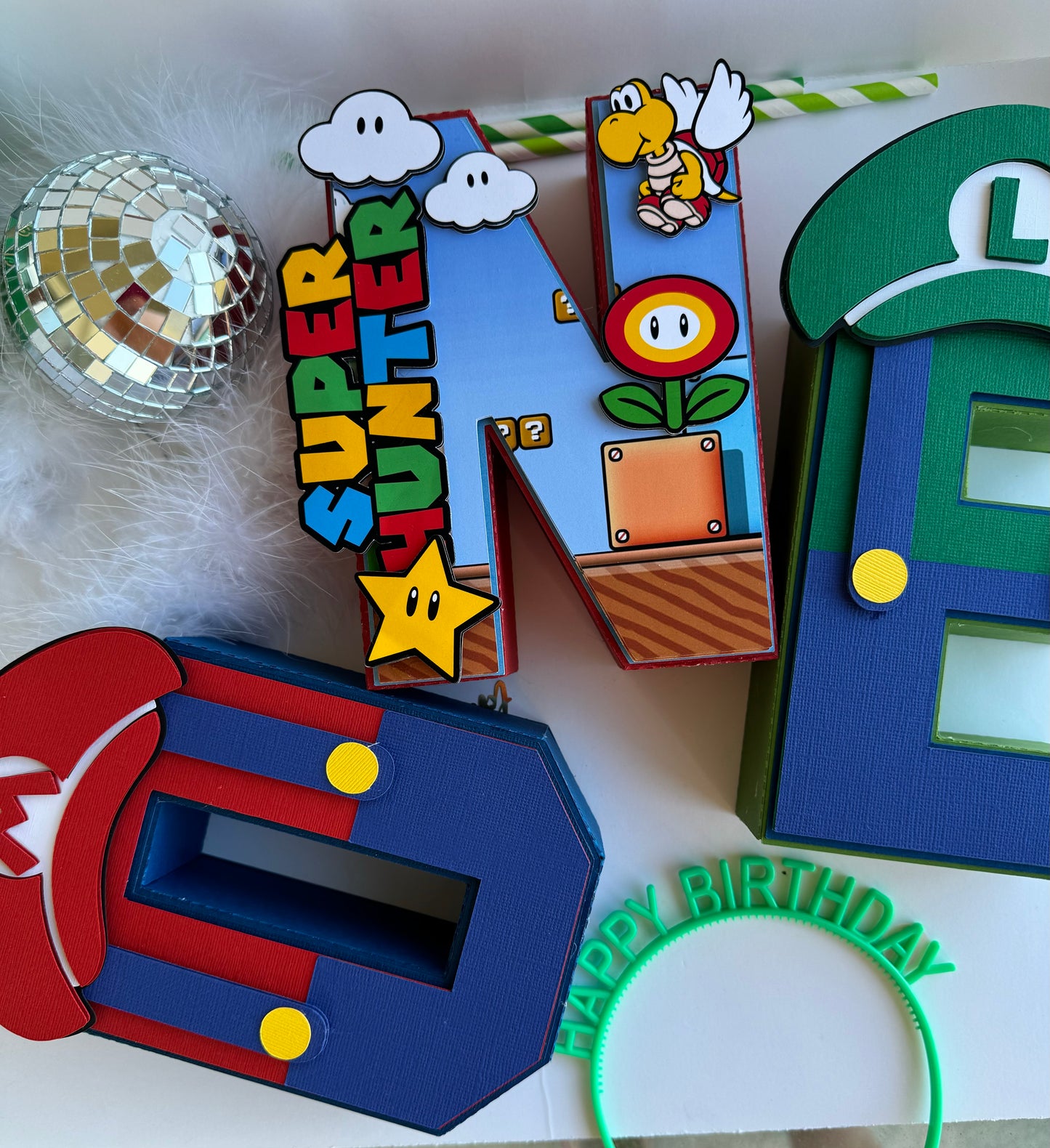 Super Mario 3D letters for centerpiece decor.