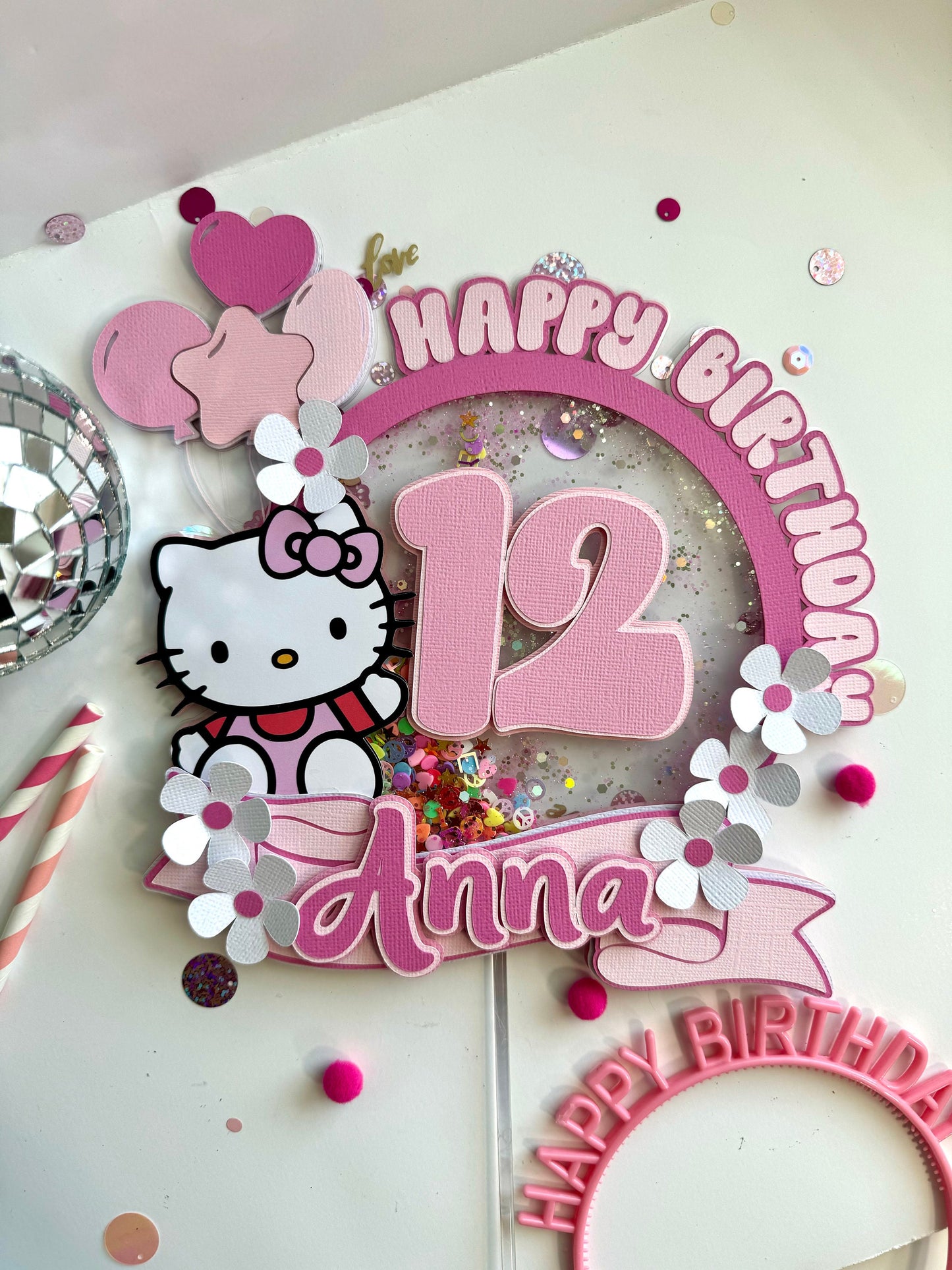 Kitty Cake Topper, Happy Birthday Pink Kitty Cake Topper Decor, Kids Birthday Cake Decor, Kids Party Decor, Kitty Cake Decor